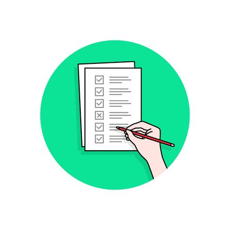 cartoon hand with checklist task or quiz illustrationのイラスト素材