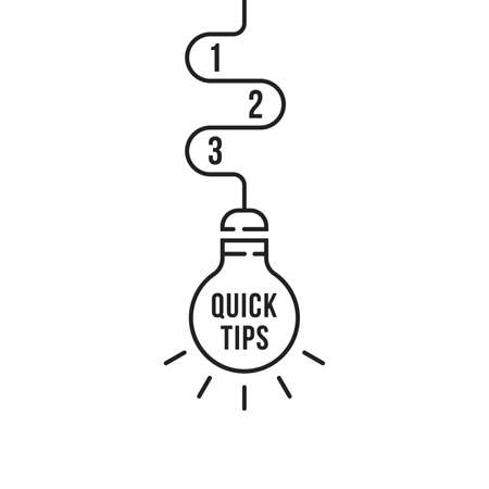 quick tips with bulb and list of facts. linear modern logotype element graphic simple banner design isolated on white background. concept of fundamentals or basis knowledge or creative learn and guideのイラスト素材