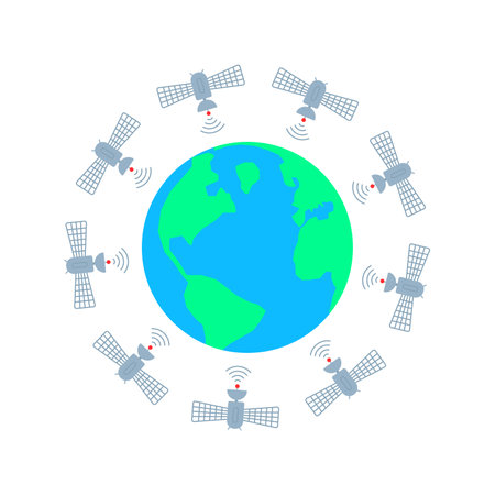 many satellites around cartoon earthのイラスト素材