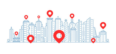 blue thin line abstract cityscape with red geotagのイラスト素材