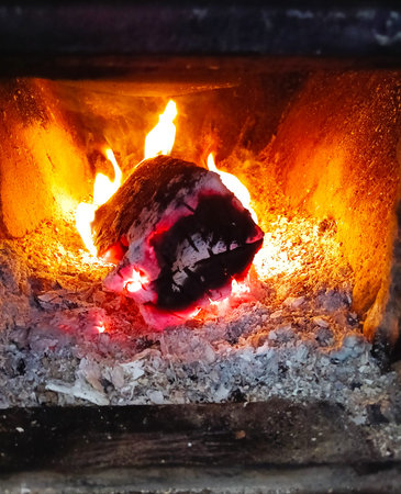 Bright fire in the stove.A close-up color photograph of an open fire in a stove.