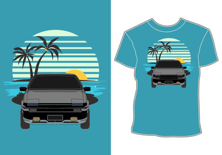 summer t shirt design, car retro, vintage, classic summer vacation by the beachのイラスト素材