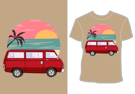 Car summer sunset beach sea nature line graphic illustration art t-shirt designのイラスト素材
