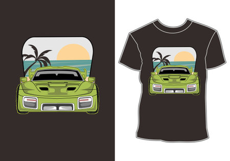 Car summer sunset beach sea nature line graphic illustration art t-shirt designのイラスト素材