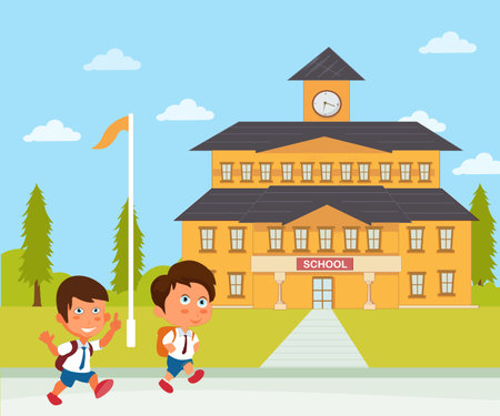 back to school with two children go to school flat designのイラスト素材