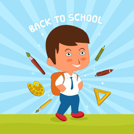 back to school children with his bag,pen,tint,brush, and rulerのイラスト素材