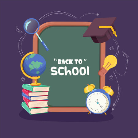 back to school background with blackboard,watch,any book,lamp and academic gown flat designのイラスト素材