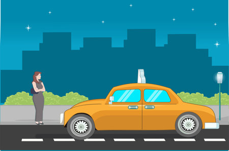 transportation woman waiting taxi at night flat designのイラスト素材