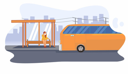 travel transportation woman waiting bus on stooping place flat designのイラスト素材