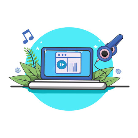 Online music player with laptop and tune and note of music vector icon illustration.のイラスト素材