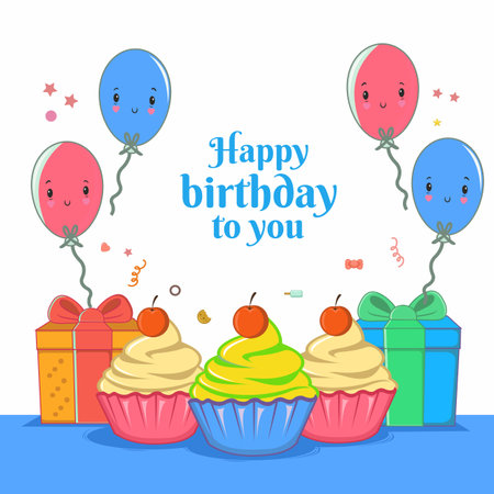 happy birthday to you with mini cookies ,give, emoticon balloon flat design.のイラスト素材