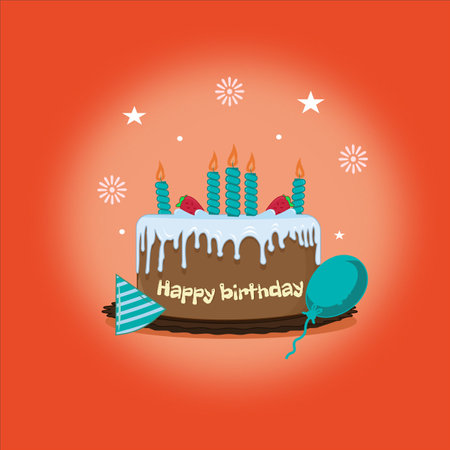 birthday cake with ,balloon,hat,and firecracker flat designのイラスト素材