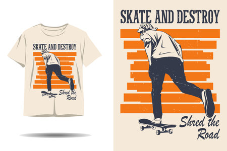 Skateboard skate and destroy shred the road silhouette t shirt designのイラスト素材