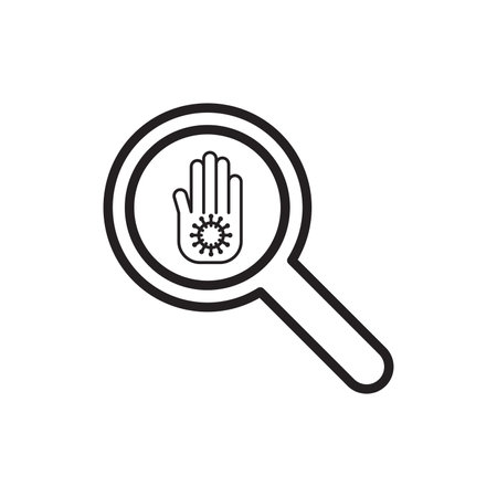 The hand that is being looked at using luv has a virus, covid 19 prevention items. Line, outline symbols. Vector illustrationのイラスト素材