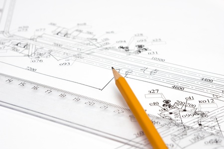 Pencil, ruler and drawing a close-upの写真素材