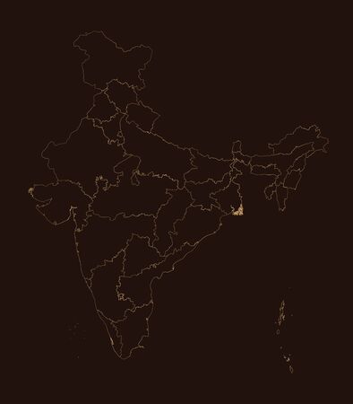 India map golden outline vector illustration. Brown background. Perfect for backgrounds, backdrop, wallpaper, sticker, greeting cards etc.のイラスト素材