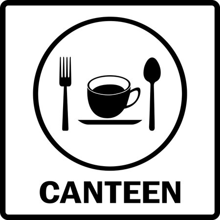 Canteen sign board. Tea cup with spoon and fork. Black on white background, Signs and symbols.のイラスト素材