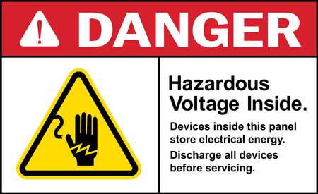 Hazardous voltage inside danger sign. Devices in this panel store electrical energy. Safety signs and labels.のイラスト素材