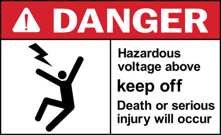 Hazardous voltage above keep off. Death or serious injury may occur danger sign. Electrical safety signs and symbols.のイラスト素材