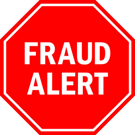Fraud alert sign. Red octagonal background. Financial awareness signs and symbols.のイラスト素材