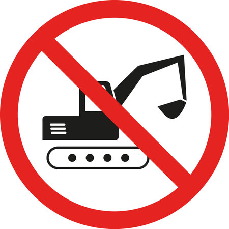 Crawler excavator prohibited sign. Construction safety signs and symbols.のイラスト素材