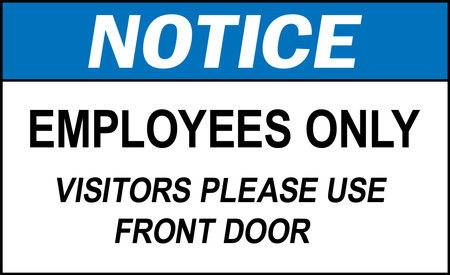 Employees only visitors please use front door notice sign. Occupational safety signs and symbols.のイラスト素材