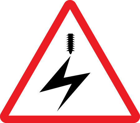 Electrified overhead cable warning sign. Red triangle background. Electrical safety signs and symbols.のイラスト素材