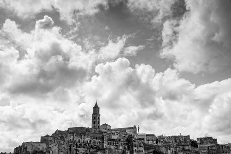 Monochrome skyline of Matera town, in southern Italy, with rock houses and monumentsの写真素材