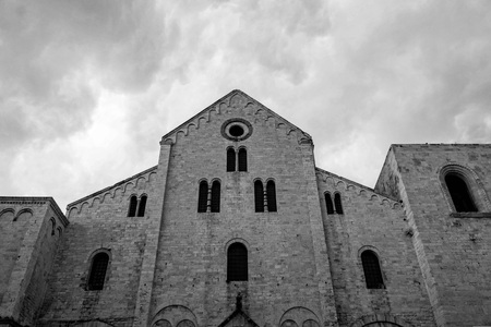 Black and white picture of the austere architecture of a cathedral in Bari, Italyの写真素材