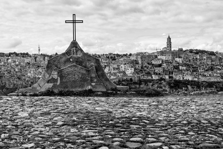 Panorama of the Matera destination in southern Italy with its monuments and rock houses, shot from over the ravineの写真素材