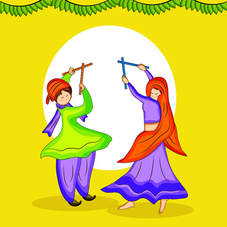 Illustraion of people dancing hindu folk dance garba with decoration on the occasion of hindu festival navratriのイラスト素材