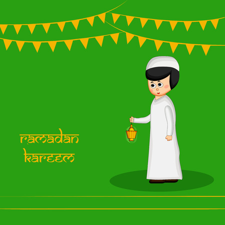 Illustration of Muslim festival Eid/Ramadan background with a man and buntings.のイラスト素材