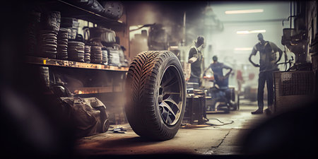 Car tire in auto repair shop. Car service and maintenance concept.の素材