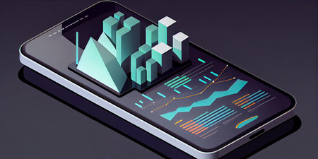 Isometric smartphone with business chart on the screen. Vector illustration.の素材