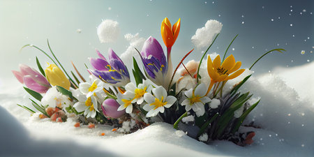 Spring crocus flowers in snow with snowflakes. 3d renderの素材