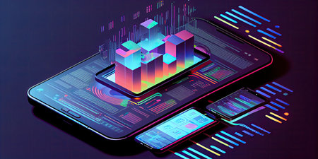 Isometric smartphone with a hologram of the city on the screen. Vector illustration.の素材