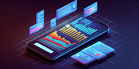 Smartphone with infographics on the screen. Isometric vector illustration.の素材