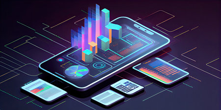 Smartphone with business graph on screen. Isometric vector illustration.の素材
