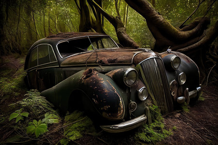 Abandoned car in the forest. Halloween concept. 3d renderingの素材