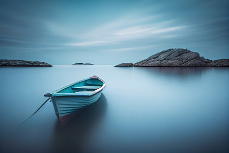Fishing boat in the sea at sunset. Long exposure shot.の素材