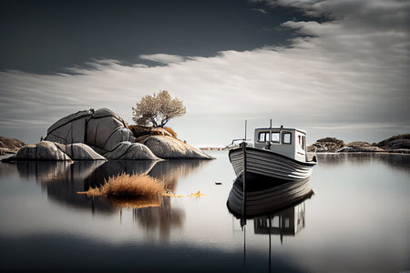 Beautiful seascape with a boat on the lake. Toned.の素材