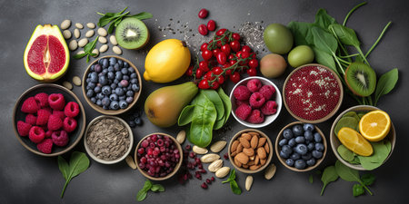 Healthy food clean eating selection: fruits, vegetables, berries and superfoods on dark backgroundの素材