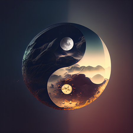 Yin and Yang. Planet in space. 3D illustration.の素材
