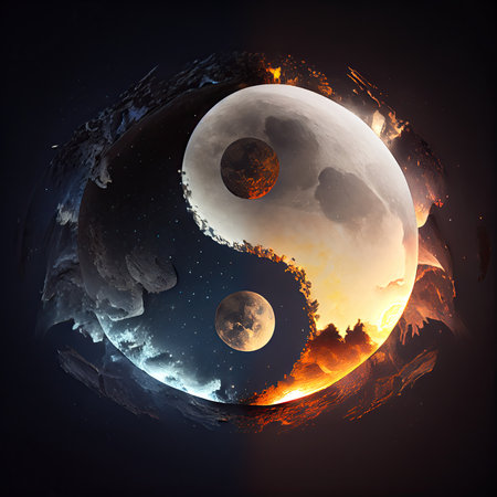 Yin Yang and the planet Earth in the background. 3D renderingの素材