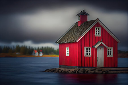 Red wooden house on the shore of a lake. 3D renderingの素材