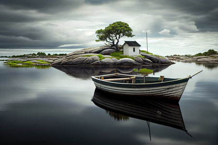 Lonely island with a boat and a tree in the waterの素材
