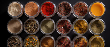 Various spices in a glass jar on a black background. Top view.の素材