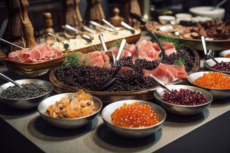 catering buffet with variety of food snacks and appetizers in restaurantの素材
