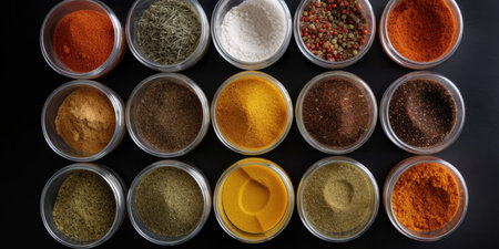 Assortment of spices in glass jars on black background, top viewの素材