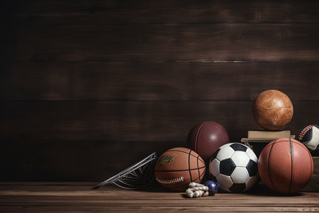 Sport equipment on wooden background. Sport concept. Vintage style toned pictureの素材